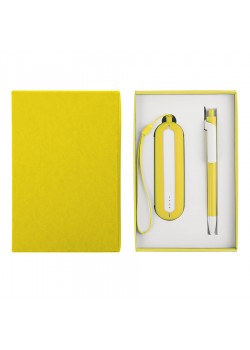 Набор SEASHELL-1: универсальное зарядное устройство (2000 mAh) и ручка в подарочной коробке, желтый, белый