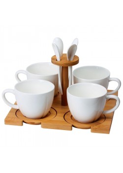 Набор 'Ксю':чайная пара (4шт) и чайная ложка (4шт) с подставкой в подарочной упаковке, коричневый, белый