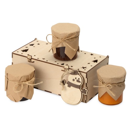 Подарочный набор с тремя видами варенья и новогодним украшением в деревянной коробке Trio Sweet