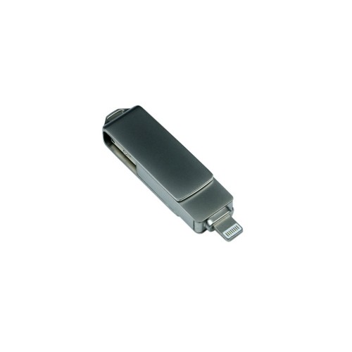USB-флешка на 32 Гб, интерфейс USB3.0, поворотный механизм,c дополнительными разъемами для I-phone Lightning и Micro USB, полностью металлический корпус, серебро
