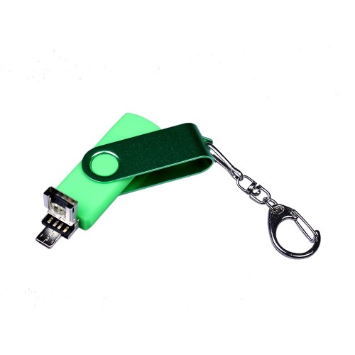 USB-флешка на 16 Гб 3 в 1 поворотный механизм, c двумя дополнительными разъемами MicroUSB и TypeC C с одноцветным металлическим клипом, зеленый