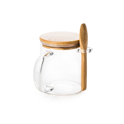 Кружка стеклянная с крышкой и ложкой из бамбука, 420 мл, прозрачный/натуральный