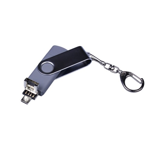 USB-флешка на 32 Гб поворотный механизм, c двумя дополнительными разъемами MicroUSB и TypeC, серебро