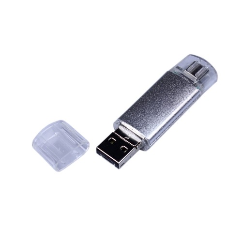 USB-флешка на 16 Гб c двумя дополнительными разъемами MicroUSB и TypeC, серебро