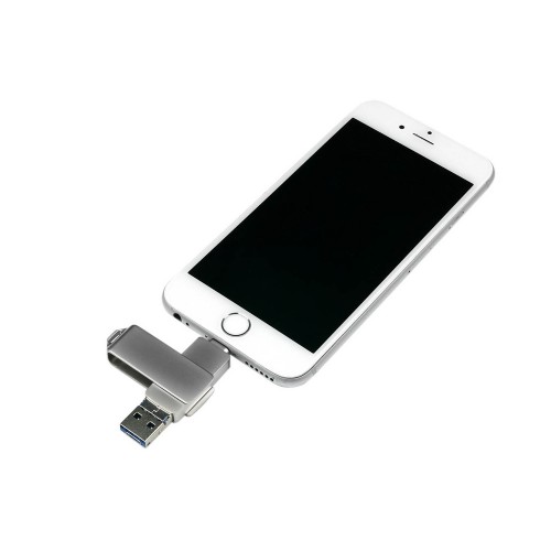 USB-флешка на 32 Гб, интерфейс USB3.0, поворотный механизм,c дополнительными разъемами для I-phone Lightning и Micro USB, полностью металлический корпус, серебро