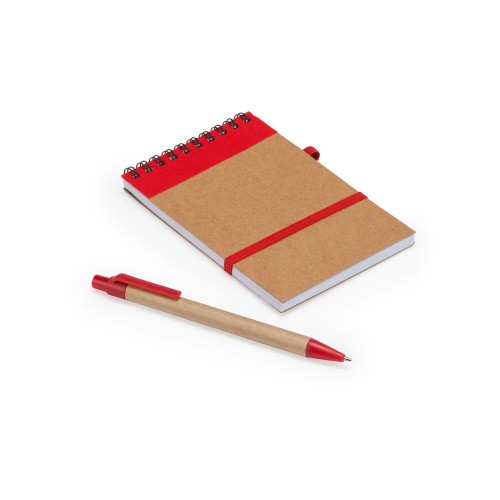 Блокнот LIEN с шариковой ручкой из переработанного картона, крафт/красный