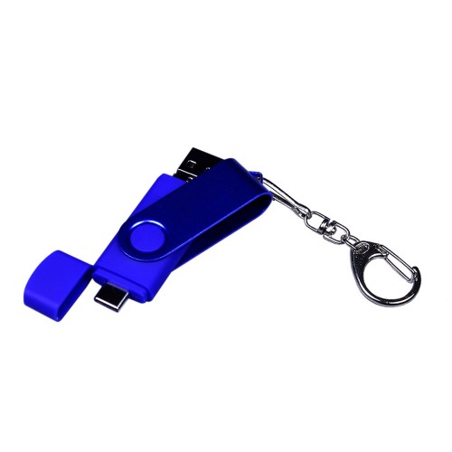 USB-флешка на 32 Гб 3 в 1 поворотный механизм, c двумя дополнительными разъемами MicroUSB и TypeC C с одноцветным металлическим клипом, синий