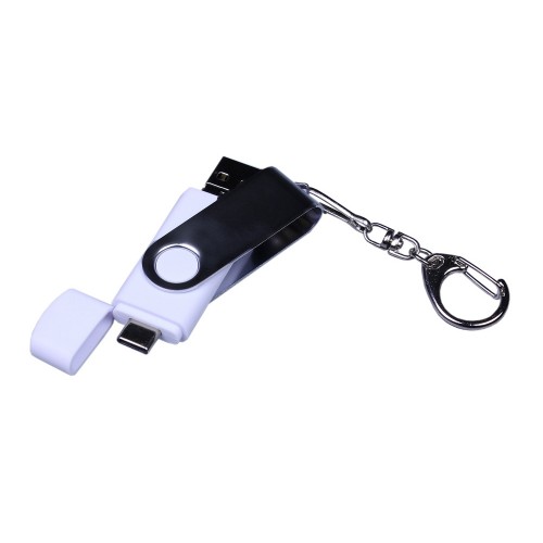 USB-флешка на 32 Гб поворотный механизм, c двумя дополнительными разъемами MicroUSB и TypeC, белый