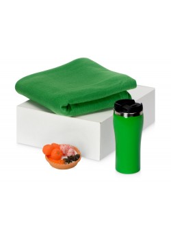 Подарочный набор с пледом, мылом и термокружкой, зеленый