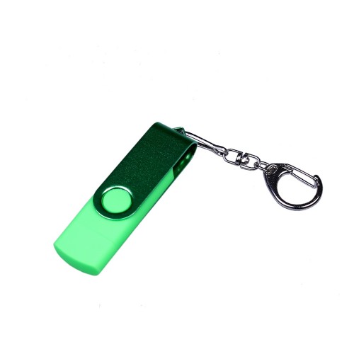 USB-флешка на 64 ГБ 3 в 1 поворотный механизм, c двумя дополнительными разъемами MicroUSB и TypeC C с одноцветным металлическим клипом, зеленый
