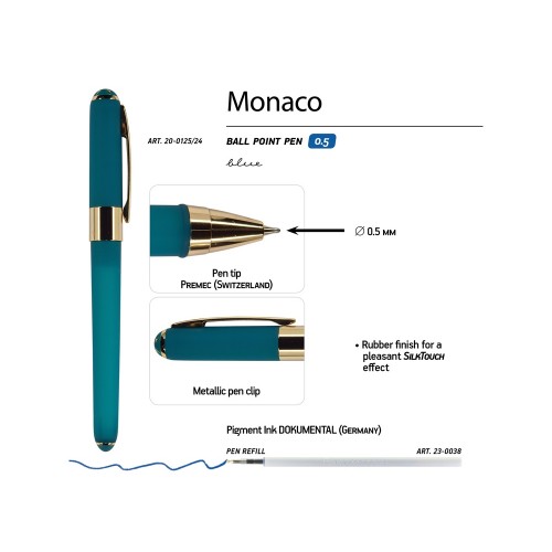 Ручка пластиковая шариковая Monaco, 0,5мм, синие чернила, морская волна