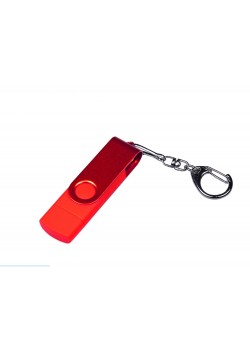 USB-флешка на 64 ГБ 3 в 1 поворотный механизм, c двумя дополнительными разъемами MicroUSB и TypeC C с одноцветным металлическим клипом, красный