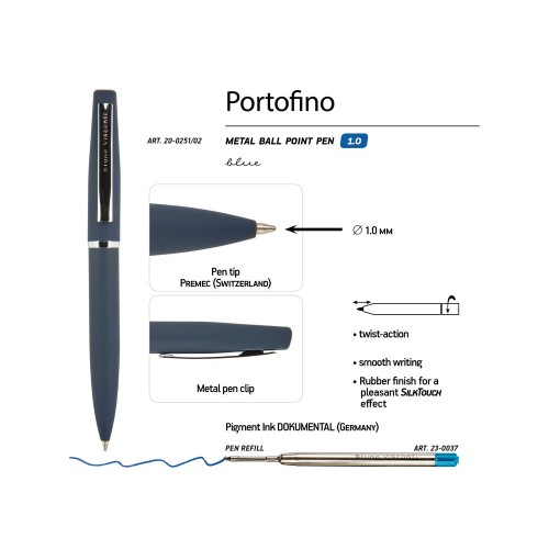 Ручка Portofino шариковая автоматическая, синий металлический корпус, 1.0 мм, синяя