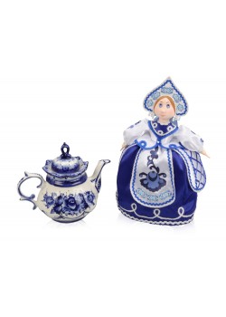 Набор Гжель: кукла на чайник, чайник заварной с росписью
