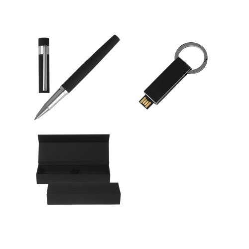 Подарочный набор: USB-флешка на 16 Гб, ручка-роллер. Hugo Boss, черный/серебристый