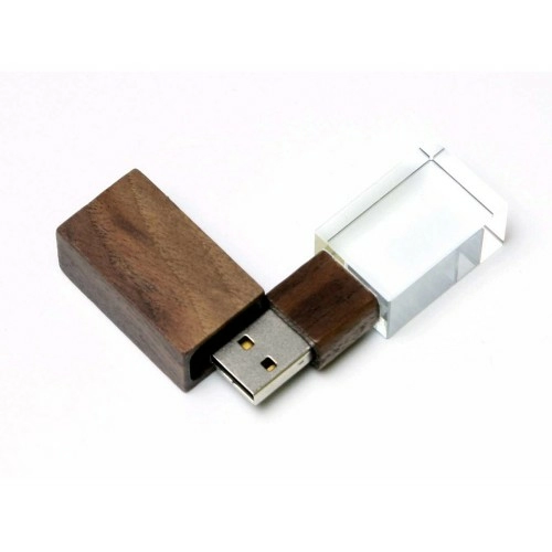 USB-флешка на 16 Гб прямоугольной формы, под гравировку 3D логотипа, материал стекло, с деревянным колпачком красного цвета, красный