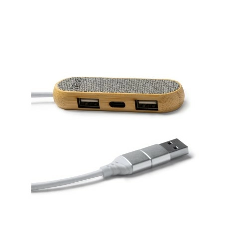 USB-хаб BADOC с корпусом из бамбука и ткани RPET, серый меланж